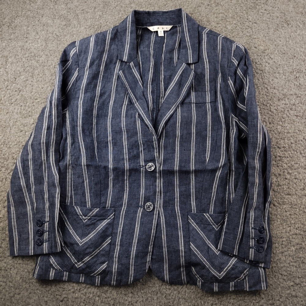 Cabi Linen Blazer Sz 8 Blue White Striped Lightweight Office Career EUC